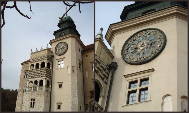 Balra: A toronyépület és a kétszintes erkély. Jobbra: Asztrológiai jegyekkel díszített óra számlapja.