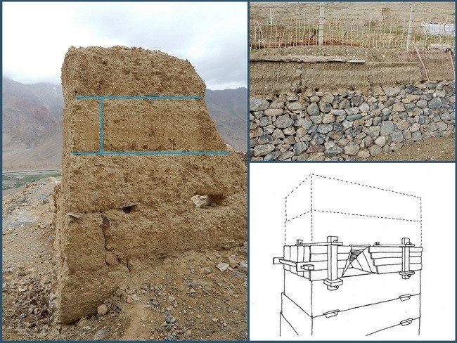 A kalodával rakott fal egykor – Ózangla (jobbra) és ma – Zangla (balra fent)