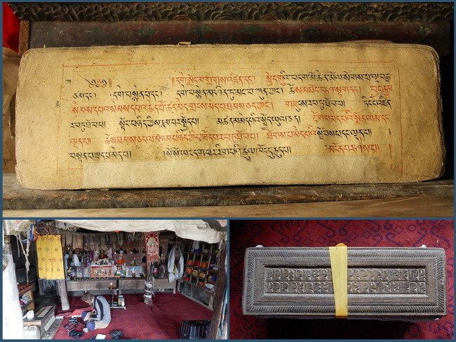 Klasszikus tibeti nyelvű kézirat, melyet talán Kőrösi Csoma Sándor is tanulmányozott (fent), Debreczeni Ákos tibetológus munka közben a zanglai királyi szentélyben – mögötte a királyi kéziratgyűjtemény egy része (balra lent), kéziratköteg fából faragott díszes fedőlapja (jobbra lent)