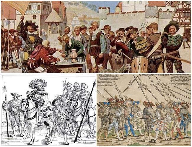 Zsoldosok toborzása (fent) Zsoldosvezér és harcosai - Landsknecht csapat (lent)