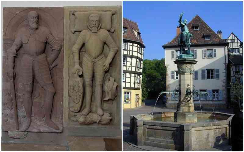 Schwendi Lázár és fia síremléke (balra) Schwendi szobra Colmar főterén (jobbra)