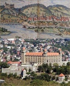 Pozsony Houfnagel metszetén és a vár napainban